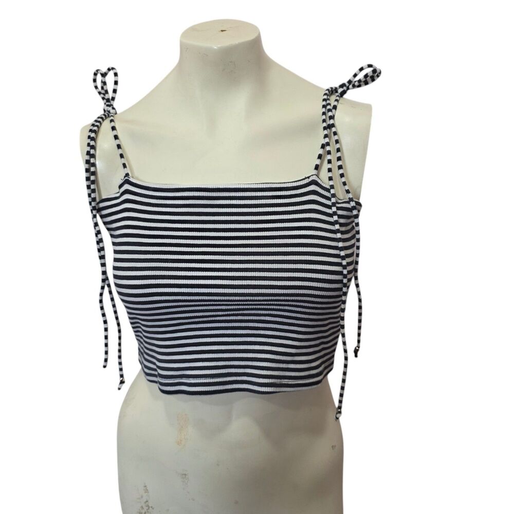 Allegra K Striped Crop Top Black White Tie Strap Ribbed Cami Tank Large